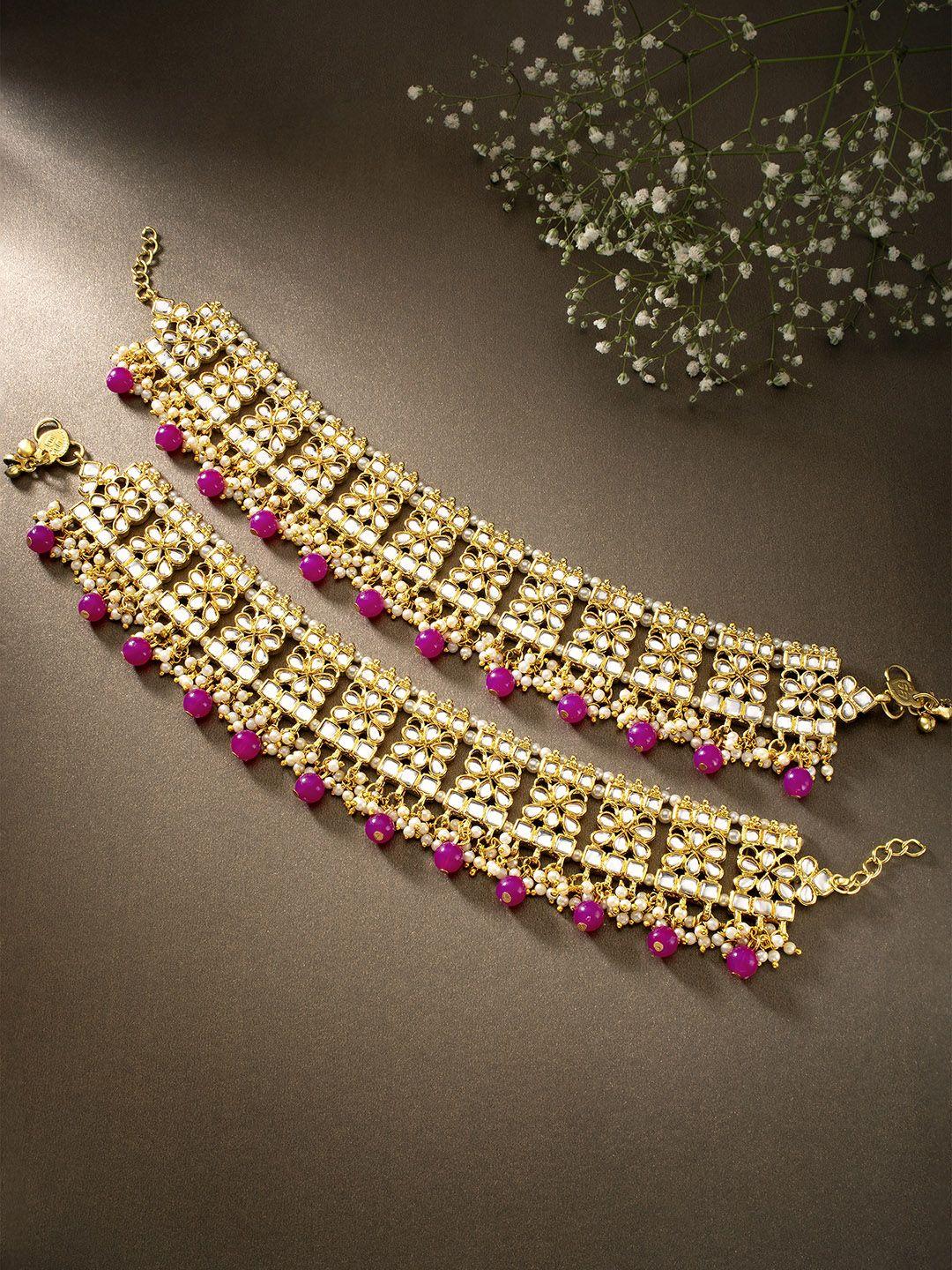 peora set of 2 gold plated & magenta kundan pearl anklets