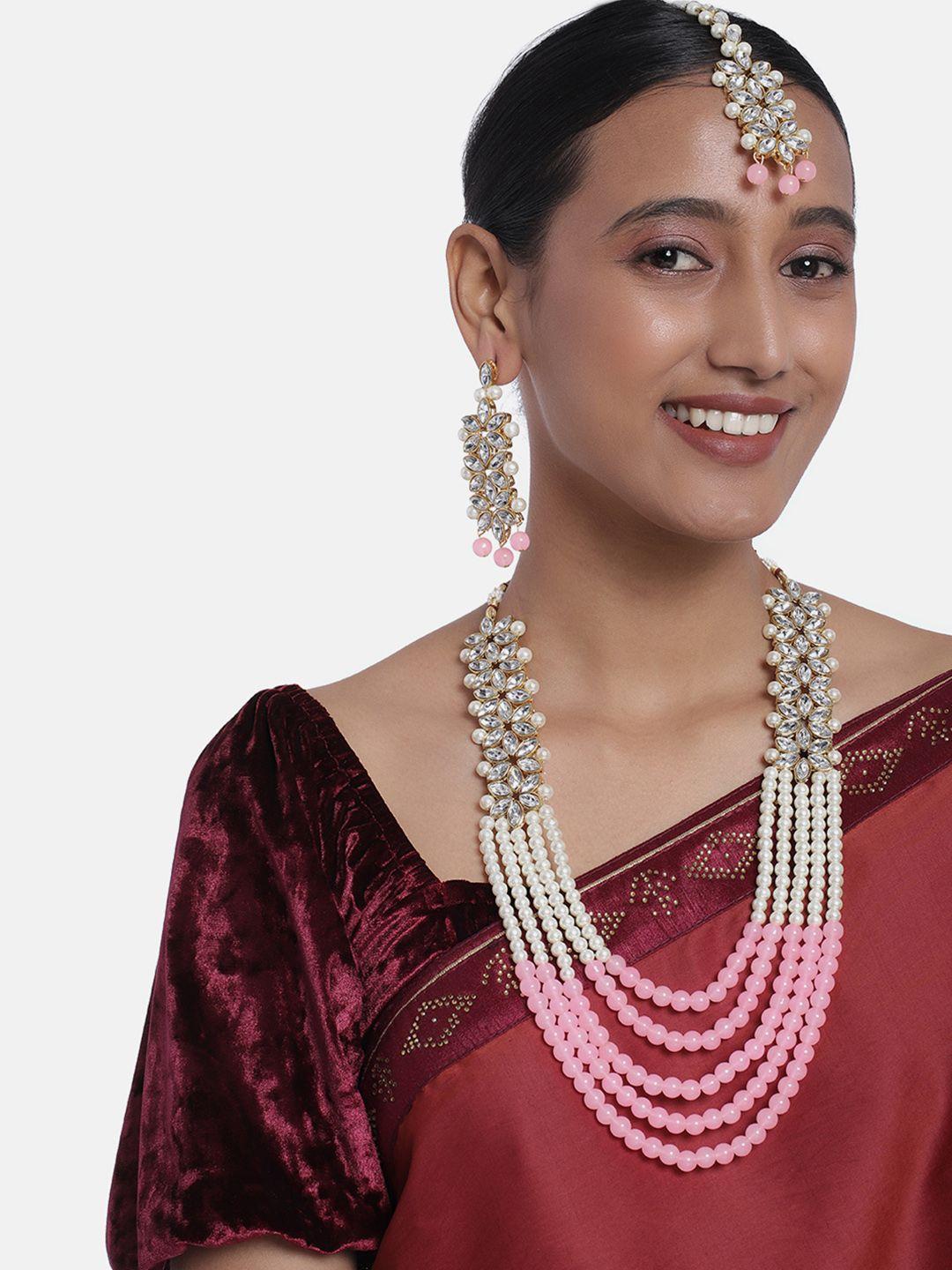 peora white & pink gold-plated kundan & pearl bridal long layered jewellery set