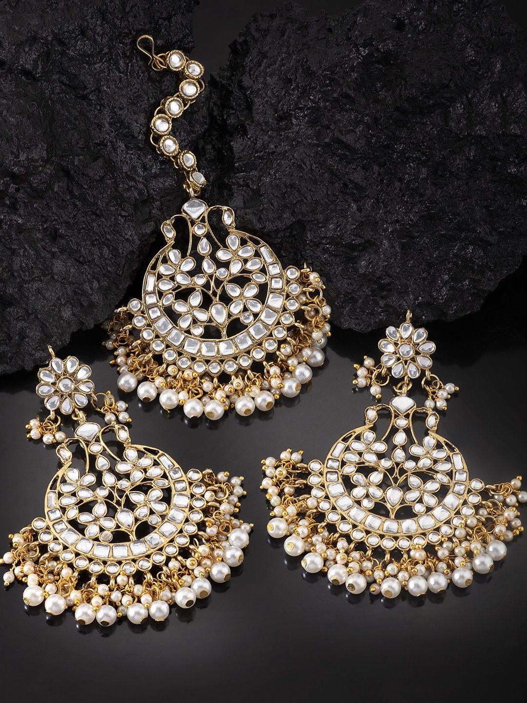 peora women gold-plated pearl & kundan studded jewellery set