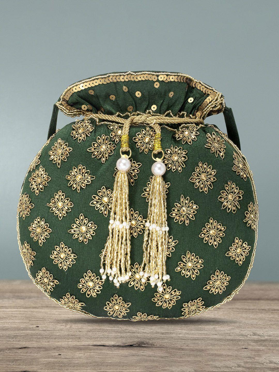 peora women green & gold embroidered potli clutches