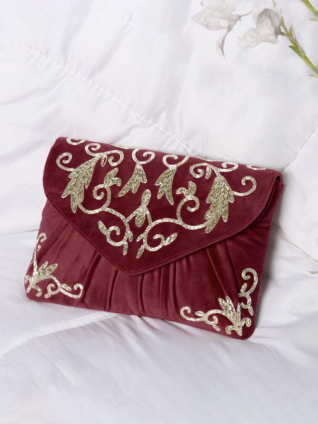 peora women maroon and gold toned embroidered and sequins embellished clutches