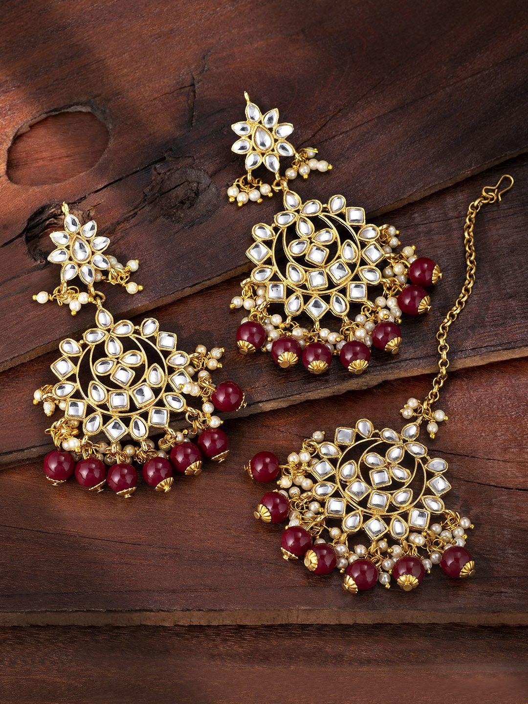 peora women red gold-plated pearl & kundan studded jewellery set