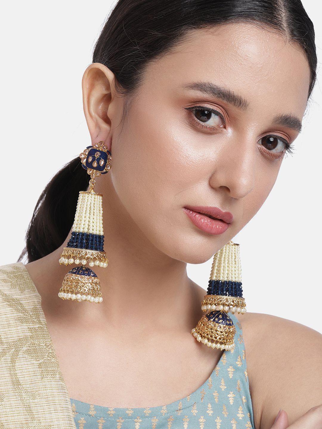 peora blue & off white dome shaped stone studded & beaded jhumkas earrings