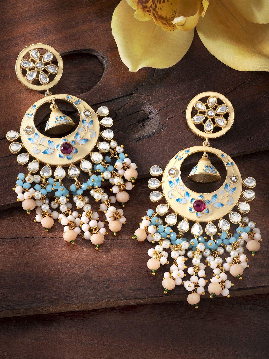 peora cream-coloured & blue gold-plated enamelled meenakari handcrafted drop earrings