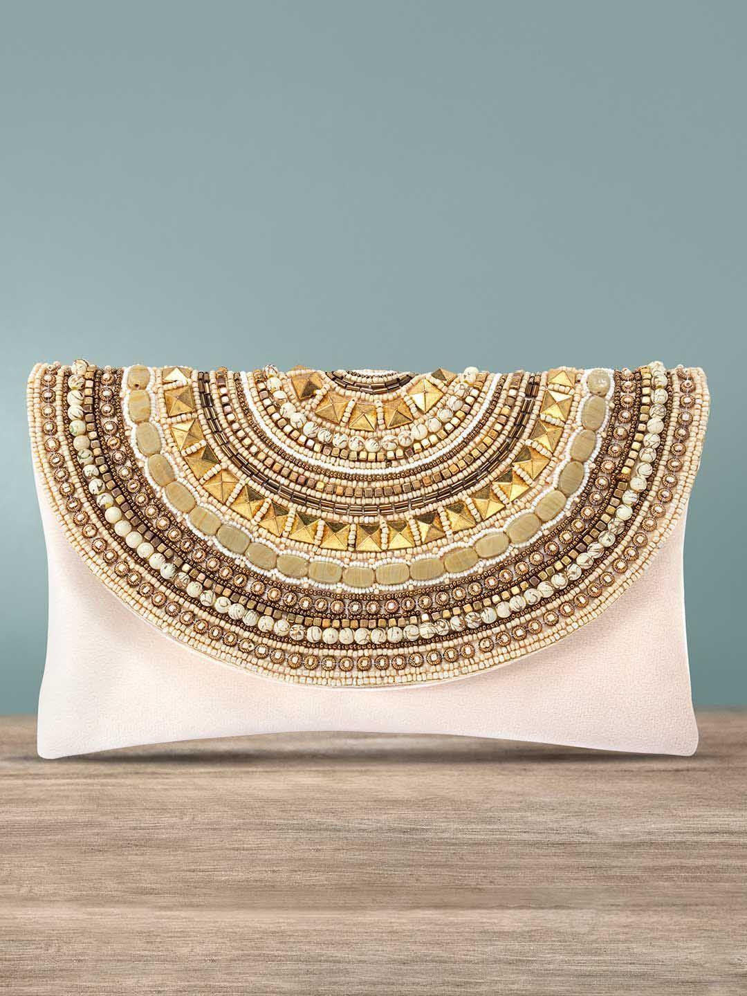 peora cream-coloured & gold-toned embellished wedding envelope clutch