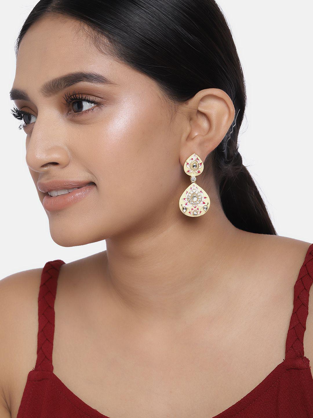 peora cream-coloured & gold-toned gold plated contemporary drop earrings