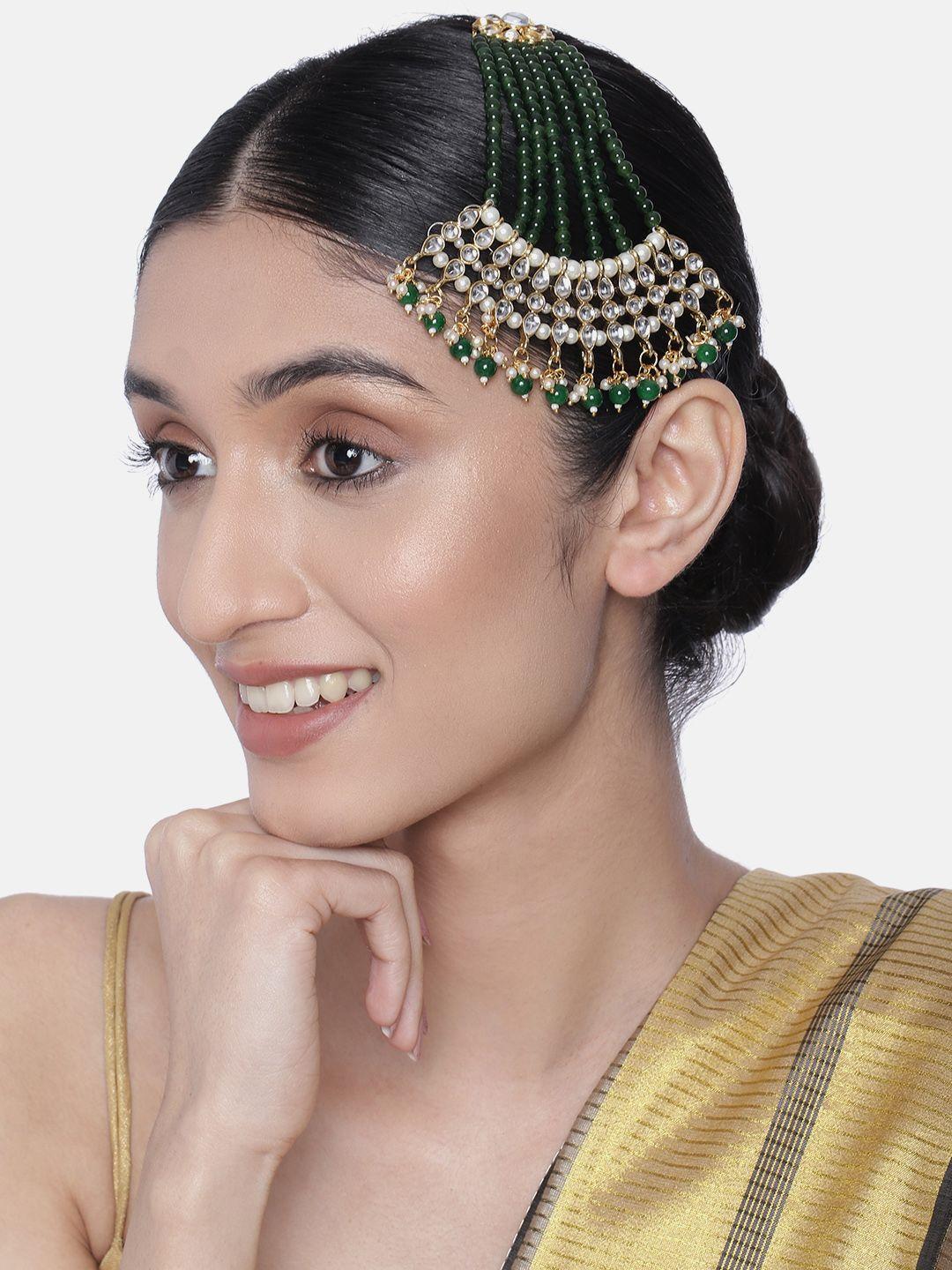 peora gold-plated & green kundan pearl studded & green beaded jhumar passa jewellery