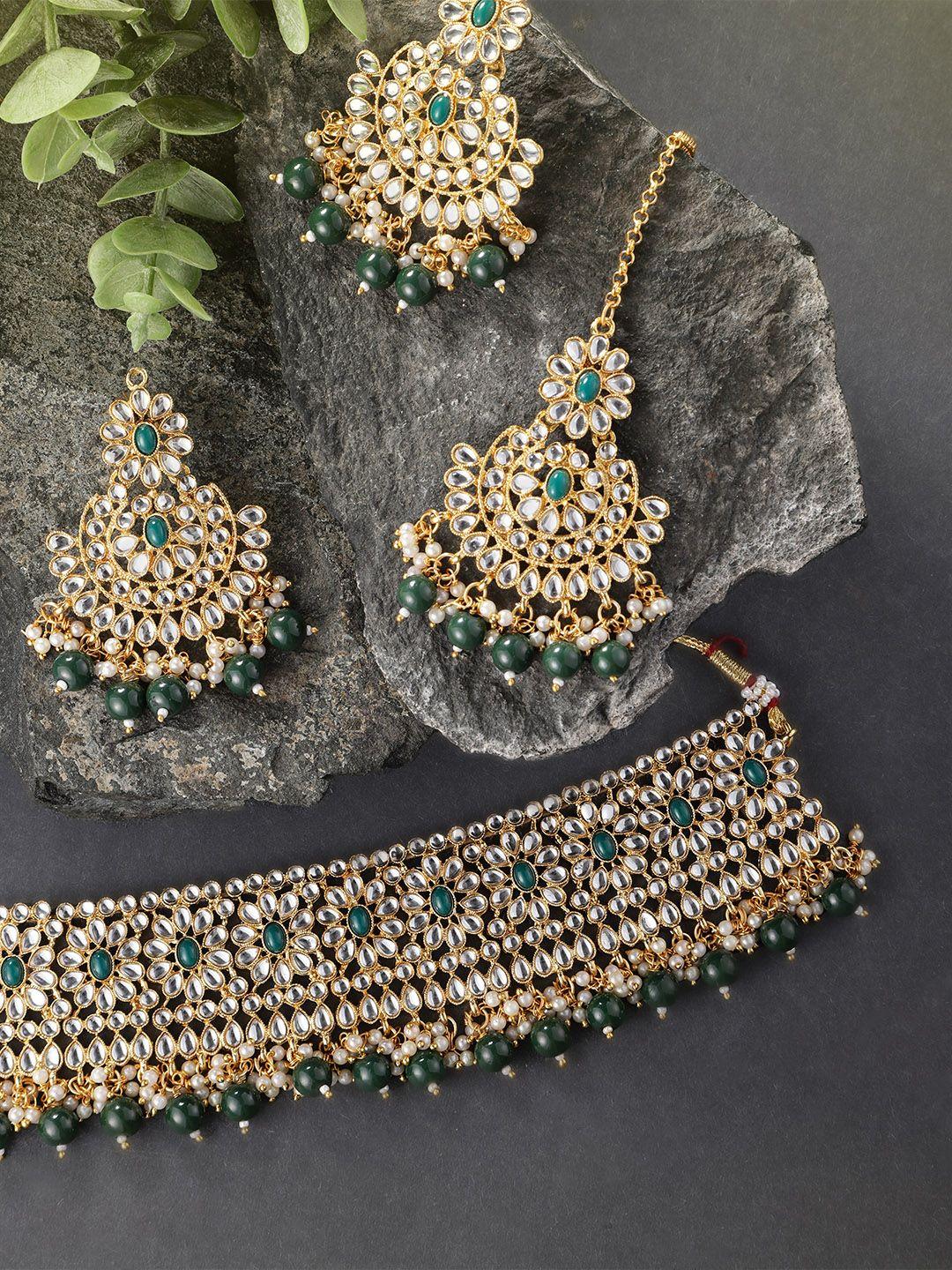 peora gold-plated & green kundan studded necklace set