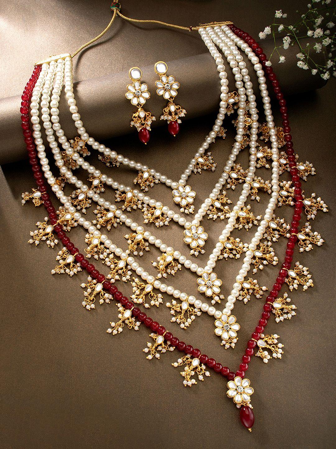 peora gold-plated & maroon floral studded layered jewellery set