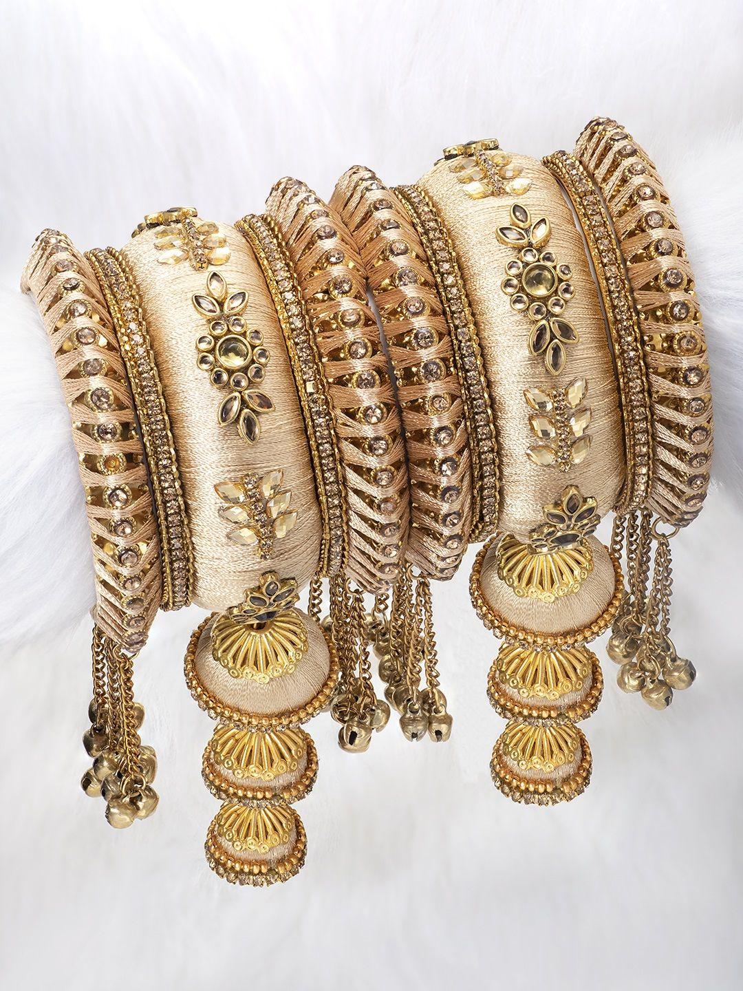 peora gold-plated & off-white set of 10 matching floral kundan studded chura bangle set