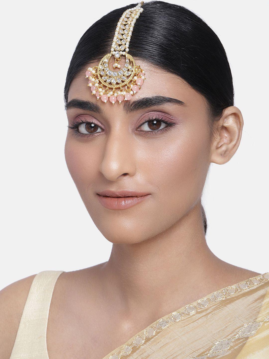 peora gold-plated & peach-coloured kundan-studded beaded maang tika