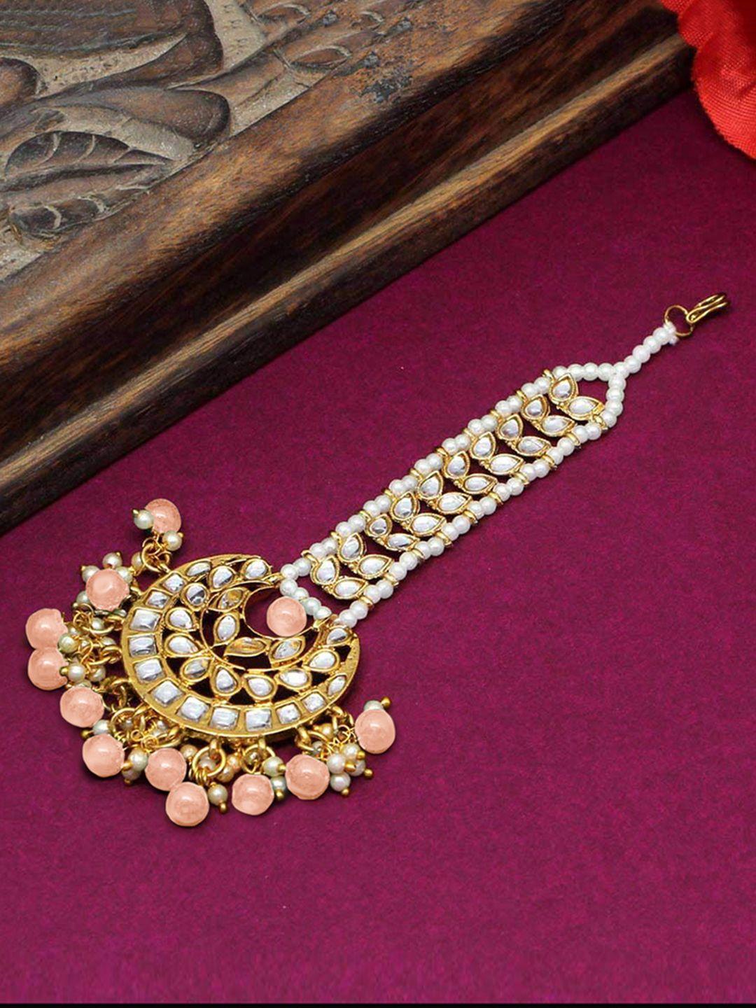 peora gold-plated & peach-coloured kundan-studded pearl-beaded maang tika