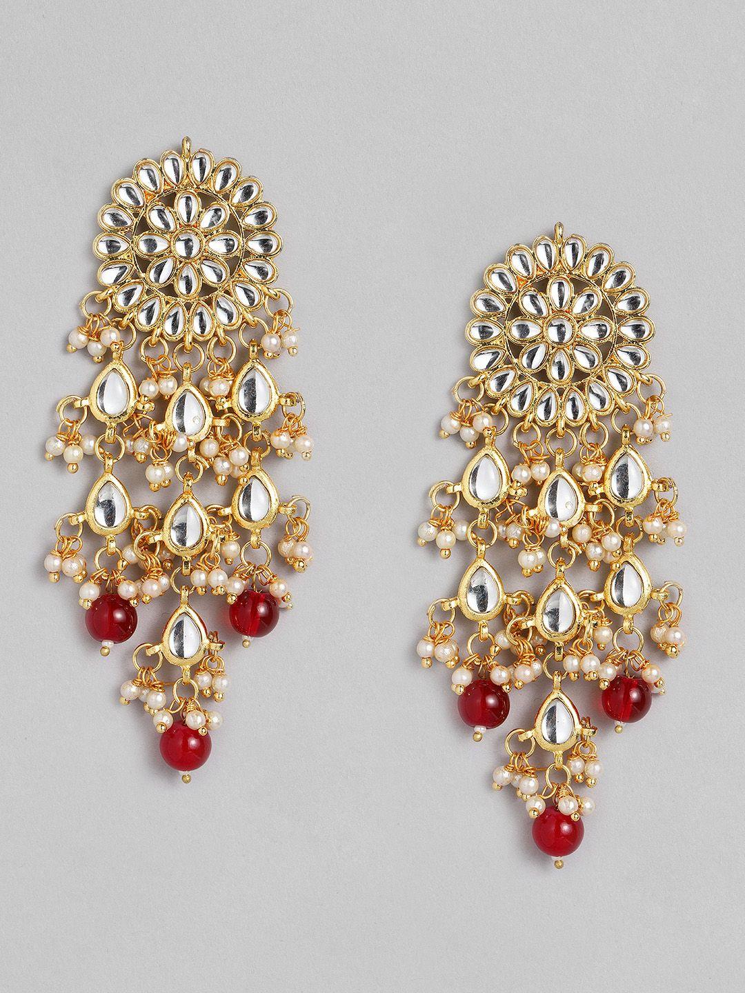peora gold-plated & red handcrafted kundan studded chandelier classic drop earrings