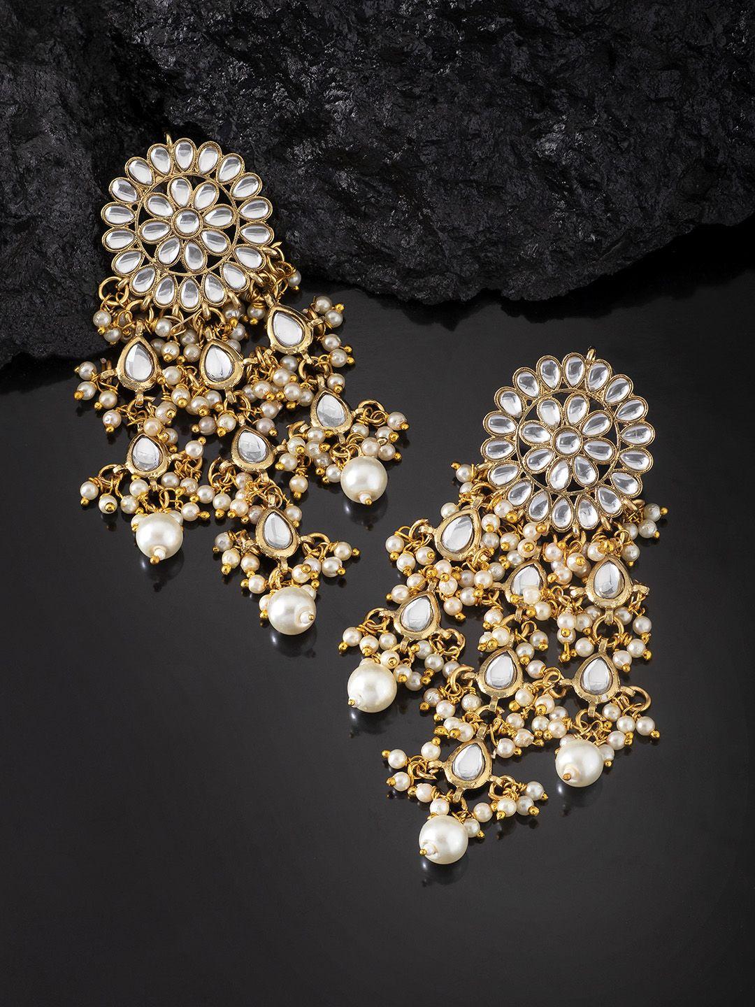 peora gold plated & white classic kundan studded chandelier drop earrings