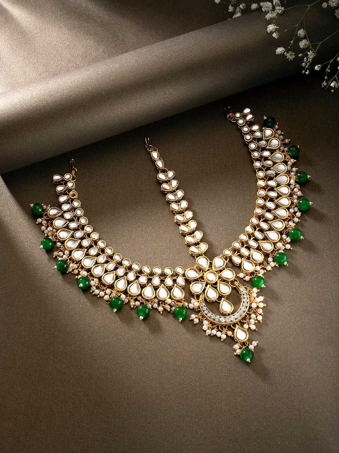 peora gold-plated green & white kundan stone studded matha patti