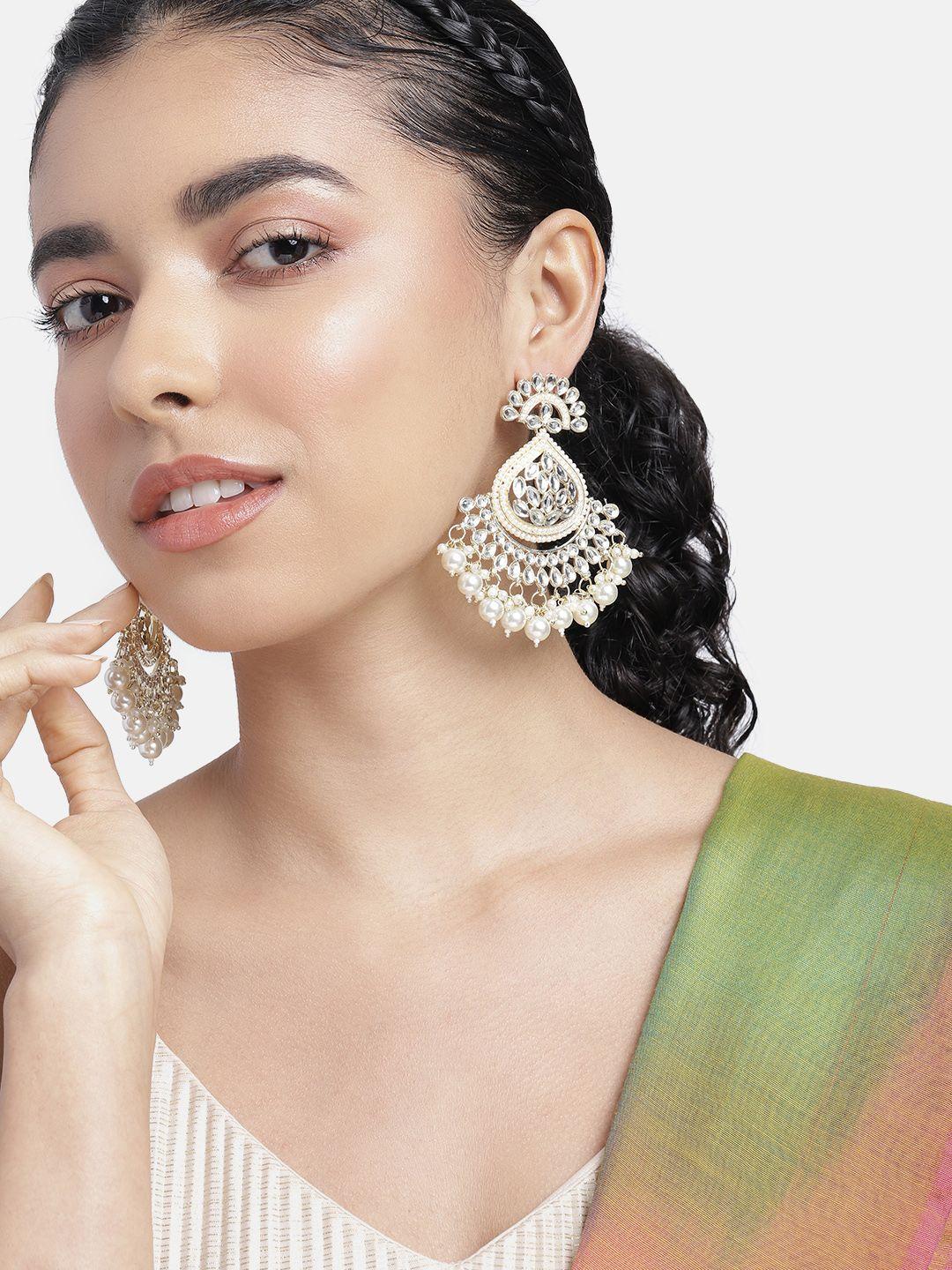 peora gold-plated kundan contemporary drop earrings