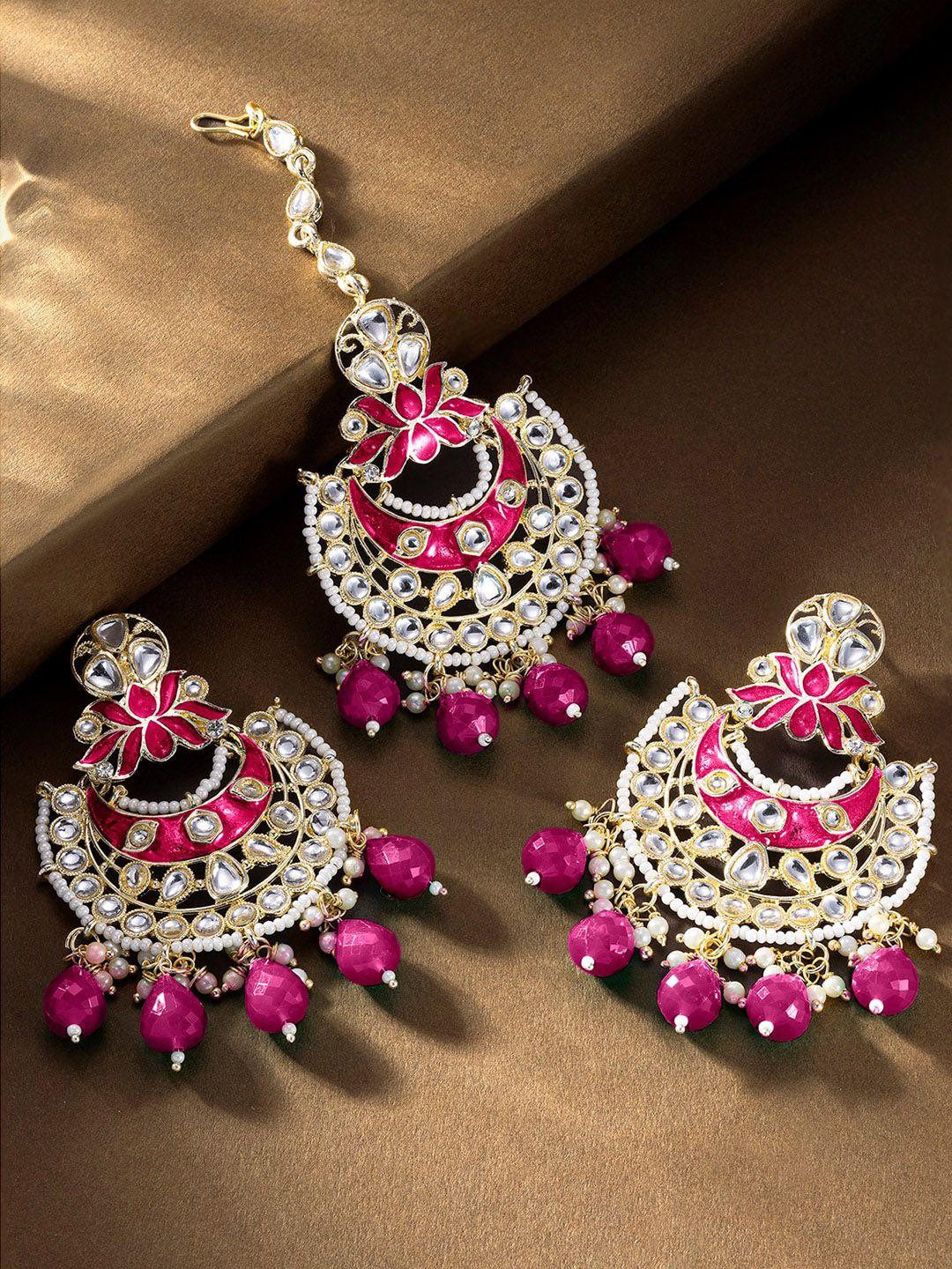 peora gold-plated kundan-studded & beaded jewellery set
