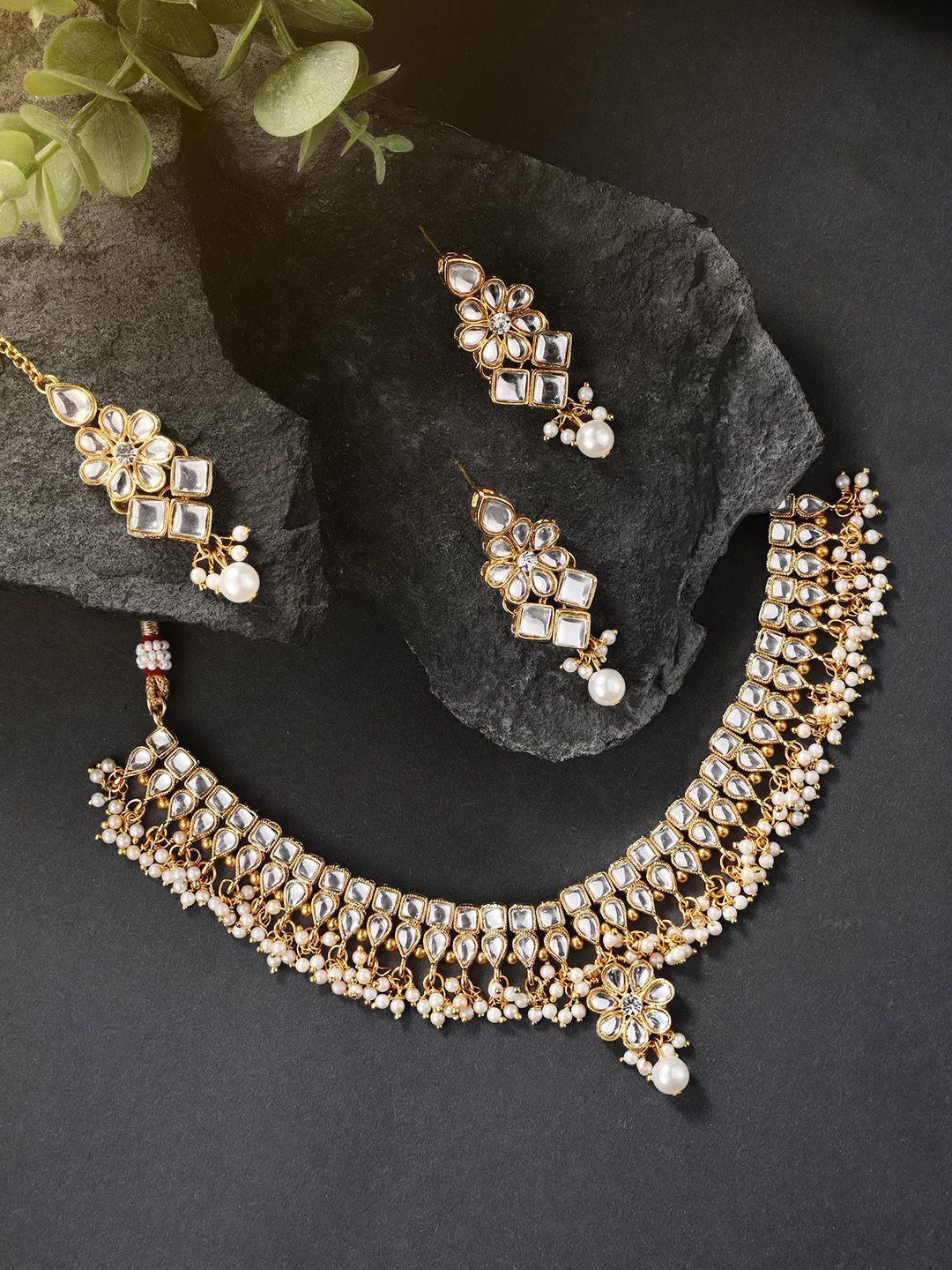 peora gold-plated kundan studded choker necklace with earring & maang tikka