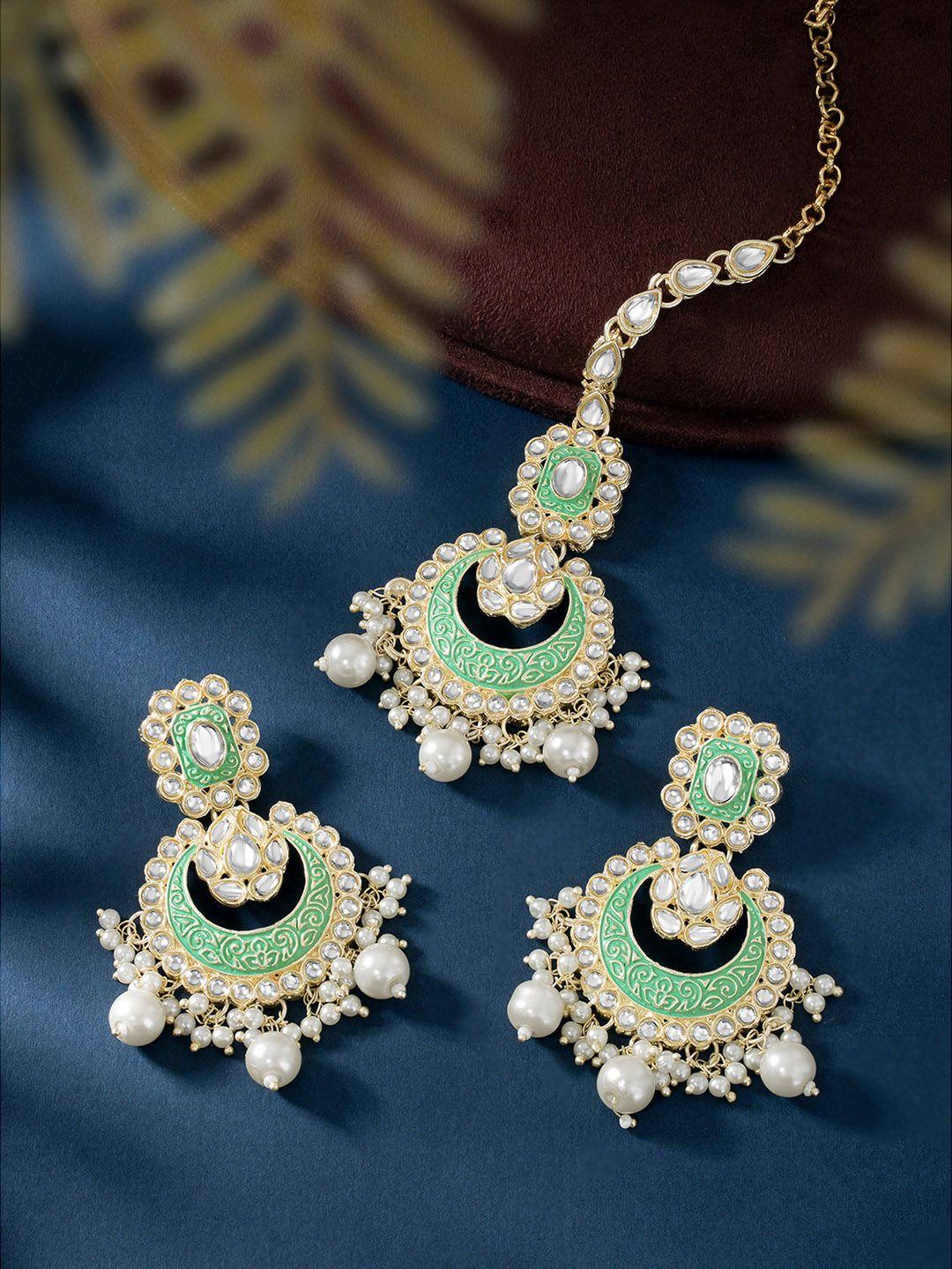 peora gold-plated kundan-stuuded & pearl-beaded jewellery set