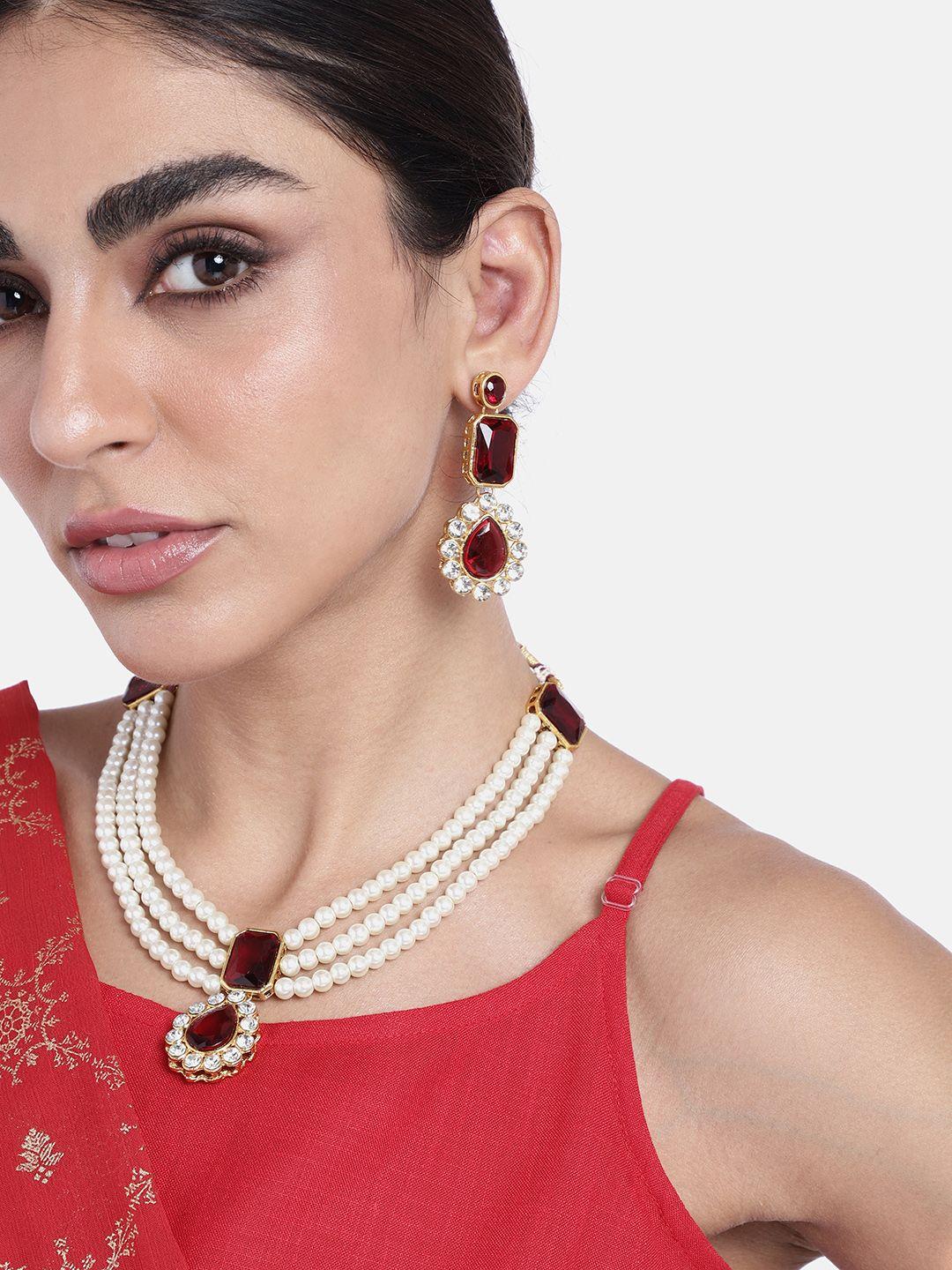 peora gold-plated maroon kundan long necklace earring jewellery set