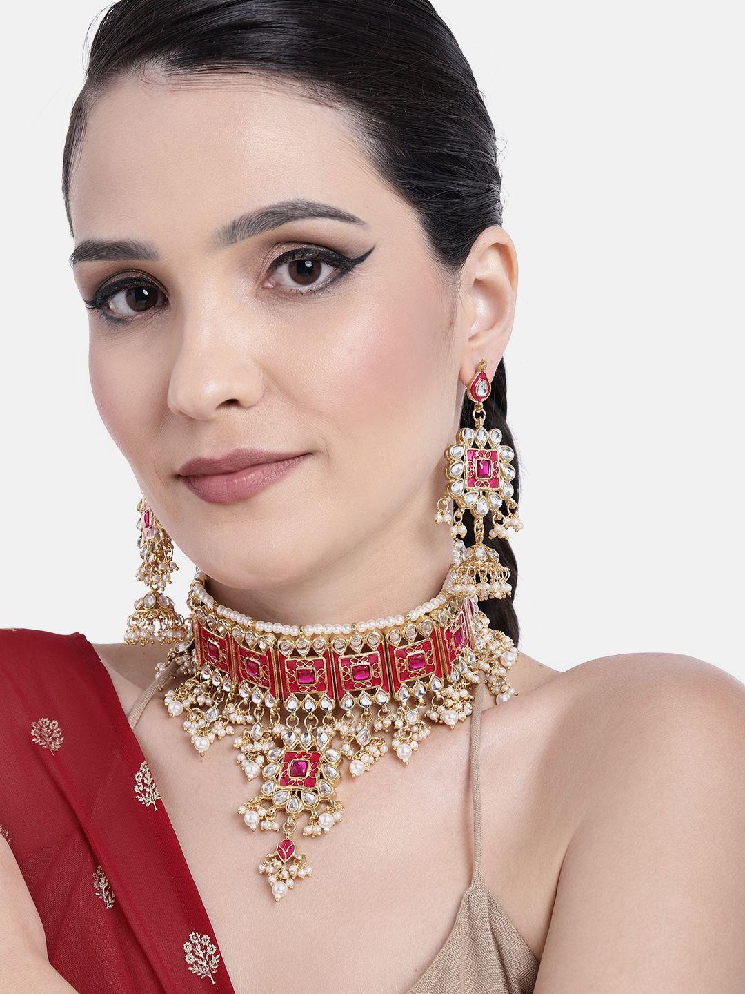 peora gold-plated meenakari choker necklace & earrings jewellery set