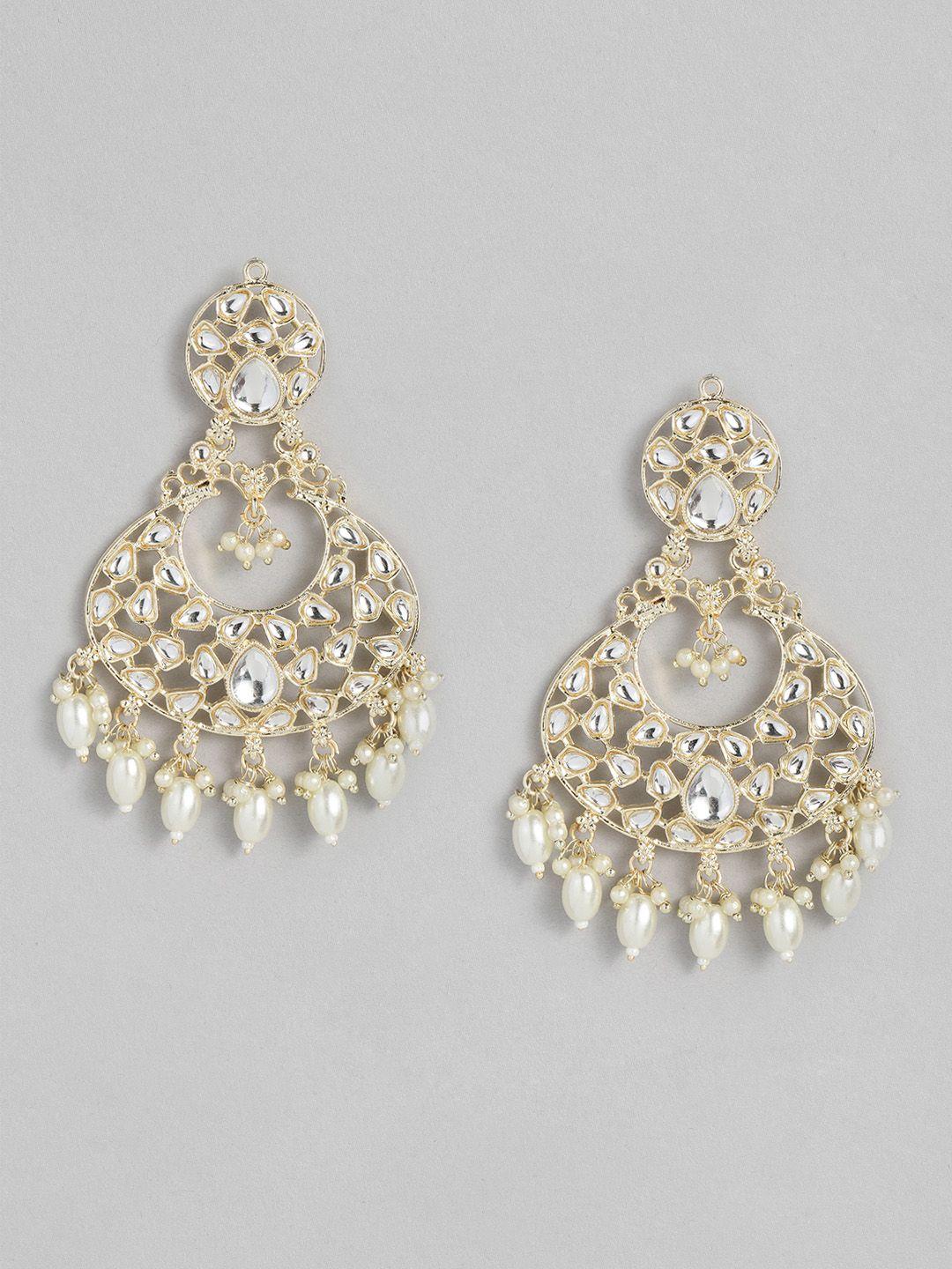 peora gold-plated pearl & kundan studded contemporary chandbalis