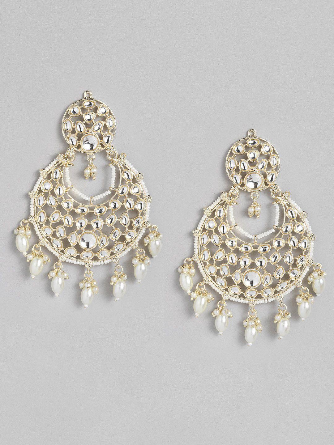 peora gold-plated pearl & kundan studded contemporary chandbalis