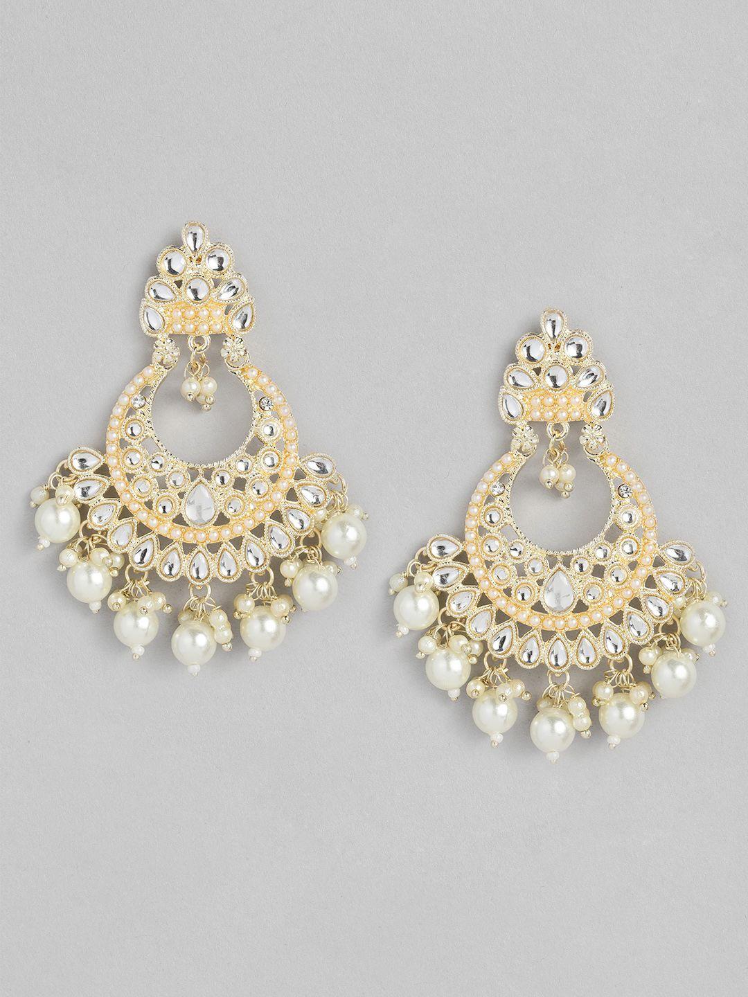 peora gold-plated pearl & kundan studded contemporary chandbalis