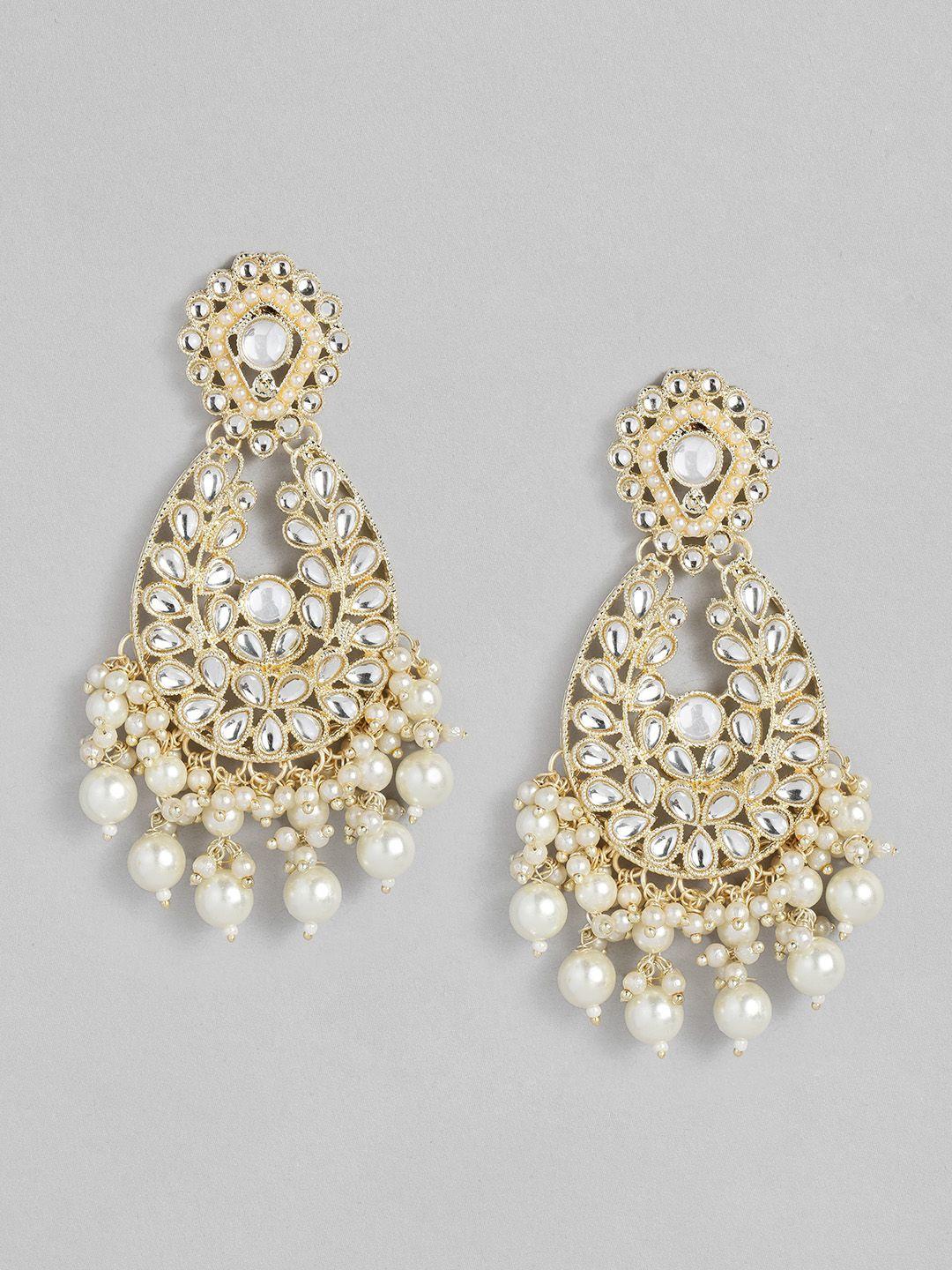 peora gold-plated pearl & kundan studded contemporary chandbalis