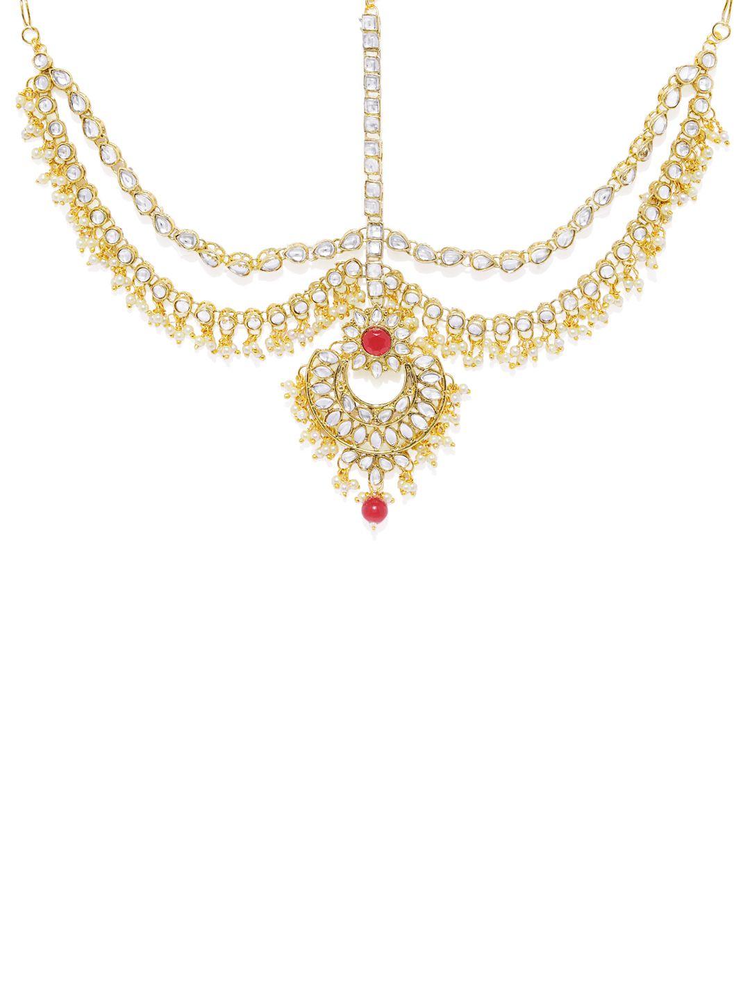 peora gold-plated red kundan stone studded matha patti