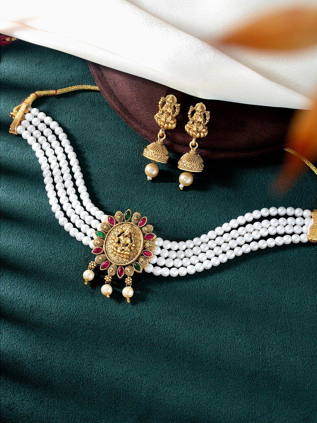 peora gold-plated stone-studded & pearl-beaded jewellery set