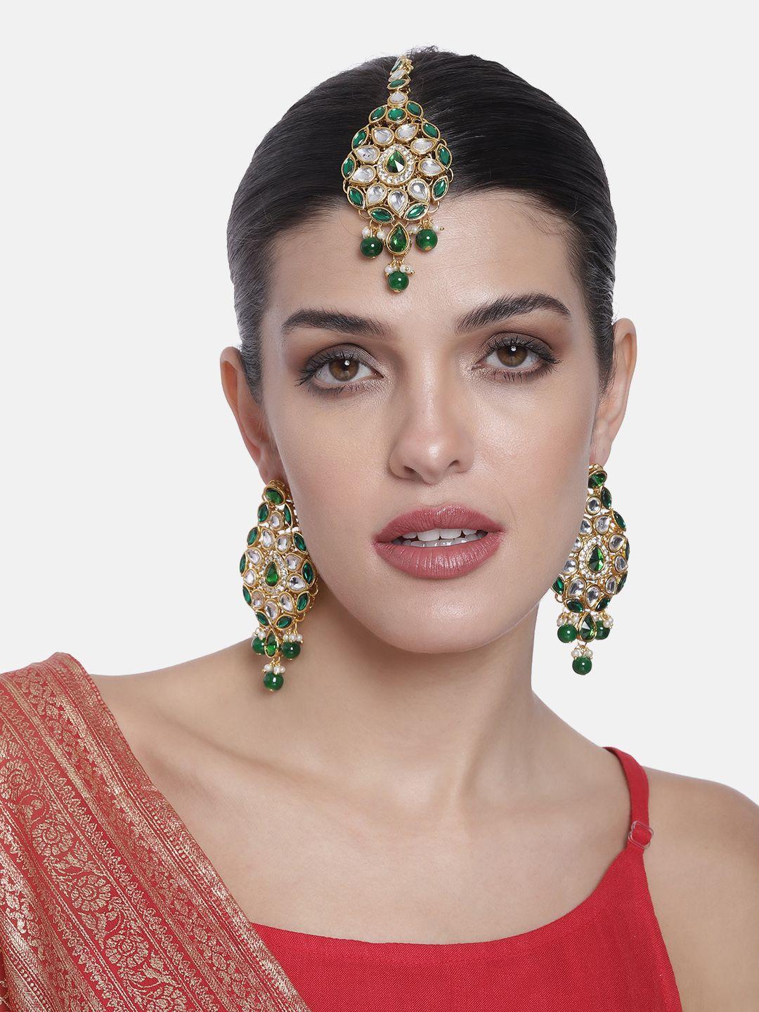 peora gold plated traditional kundan pearl dangle earrings with maang tikka