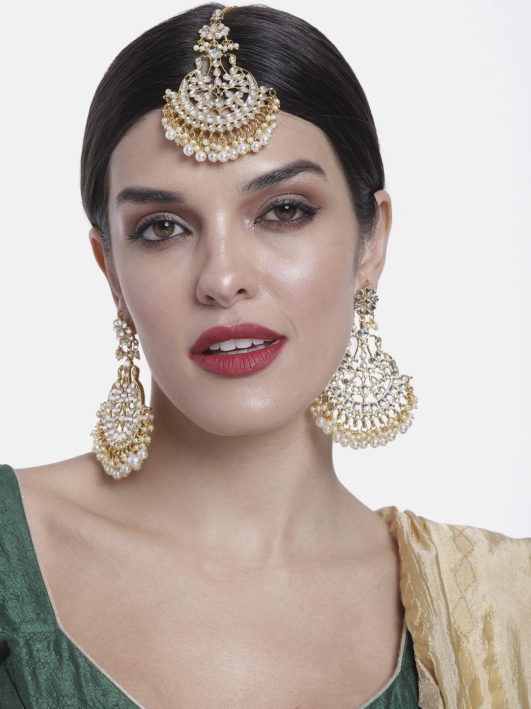 peora gold-plated white kundan & faux beads studded earring & maang tikka set jewellery