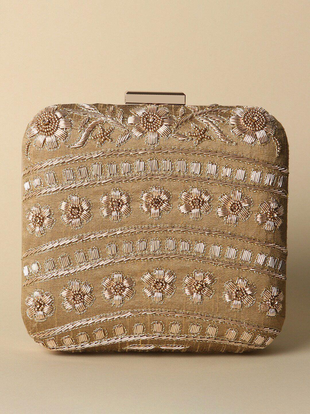peora gold-toned & beige embroidered box clutch