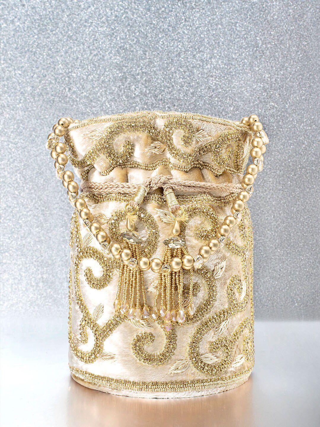 peora gold-toned & beige embroidered potli clutch