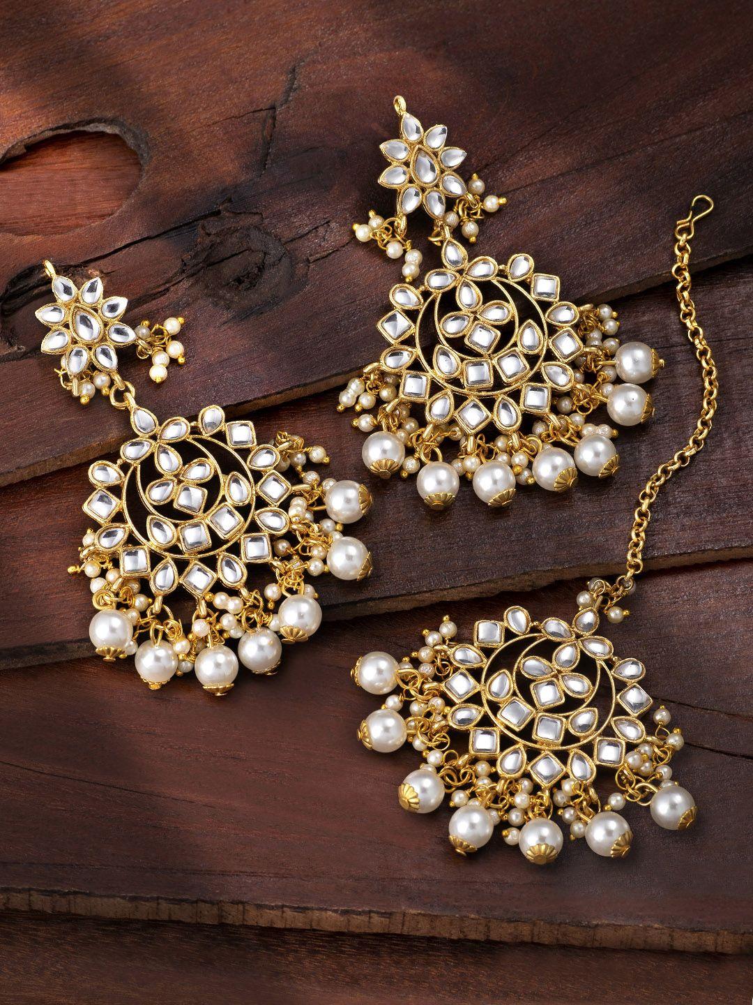 peora gold-toned kundan-studded & pearl earrings with maangtikka