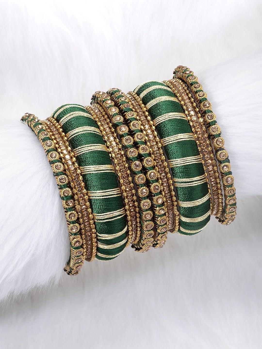 peora green & gold-plated set of 2 matching bangle kundan studded chuda bangles