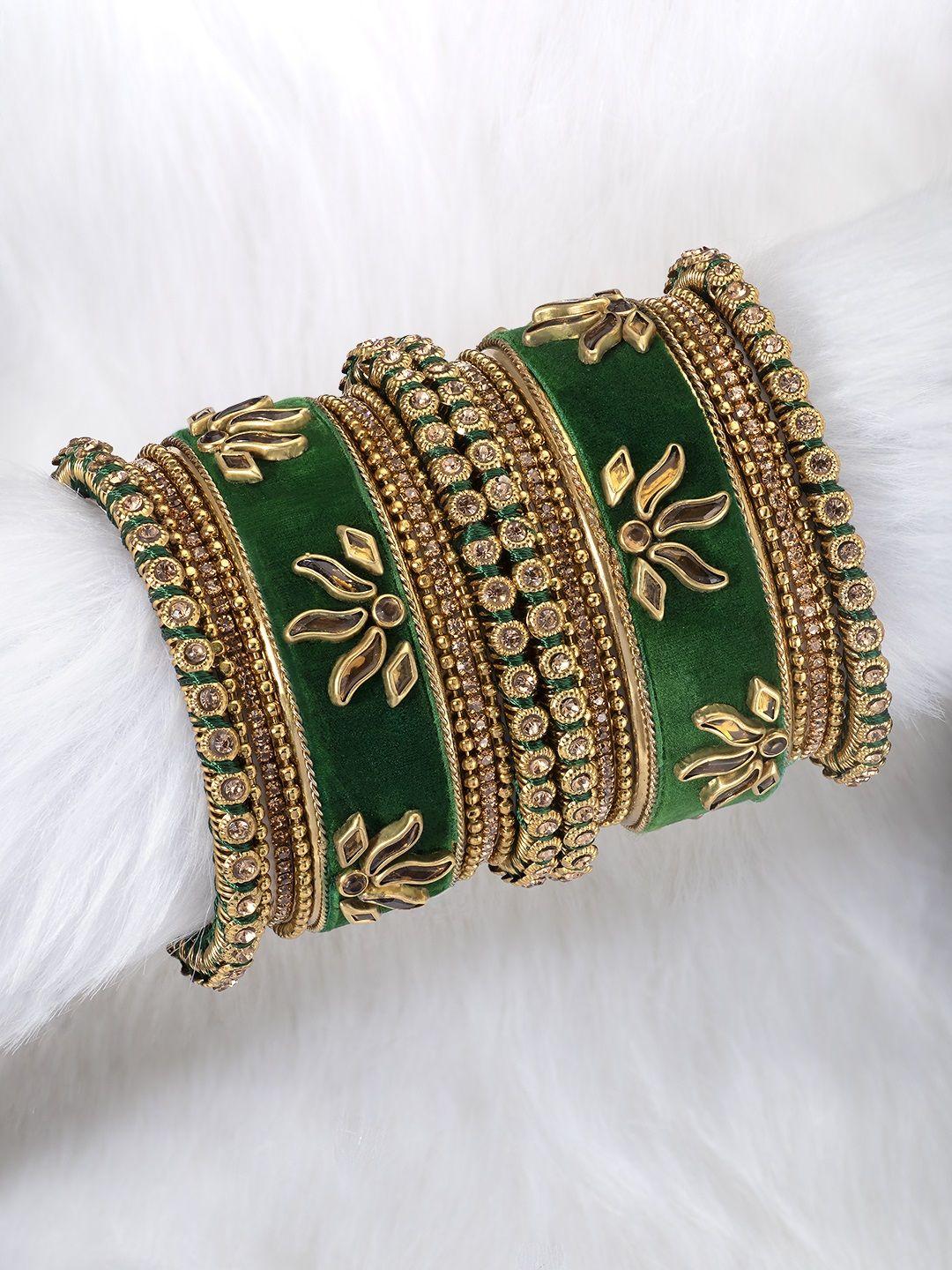 peora green & gold-plated set of 2 matching bangle kundan studded chuda bangles
