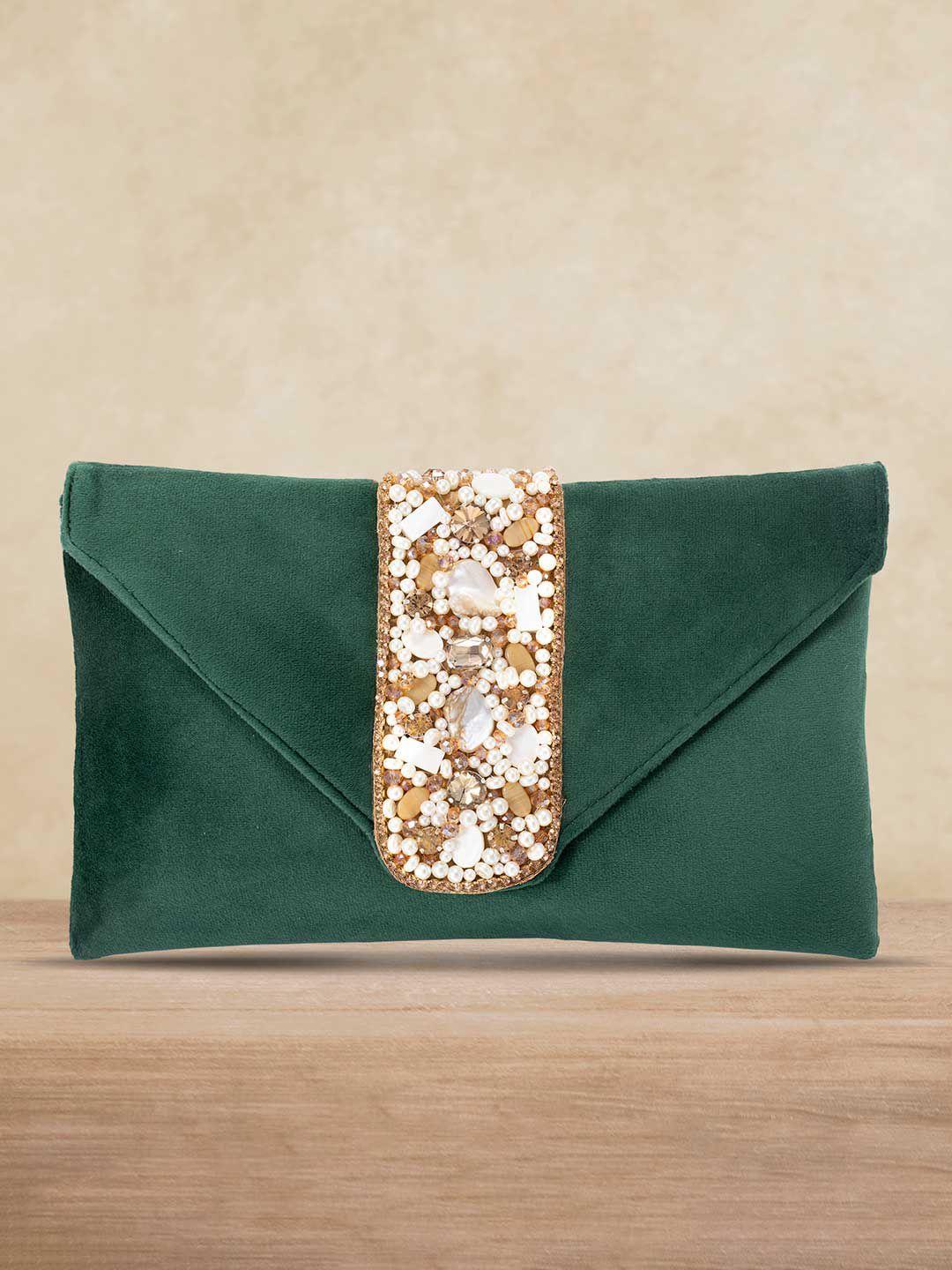 peora green & gold-toned embellished envelope clutch