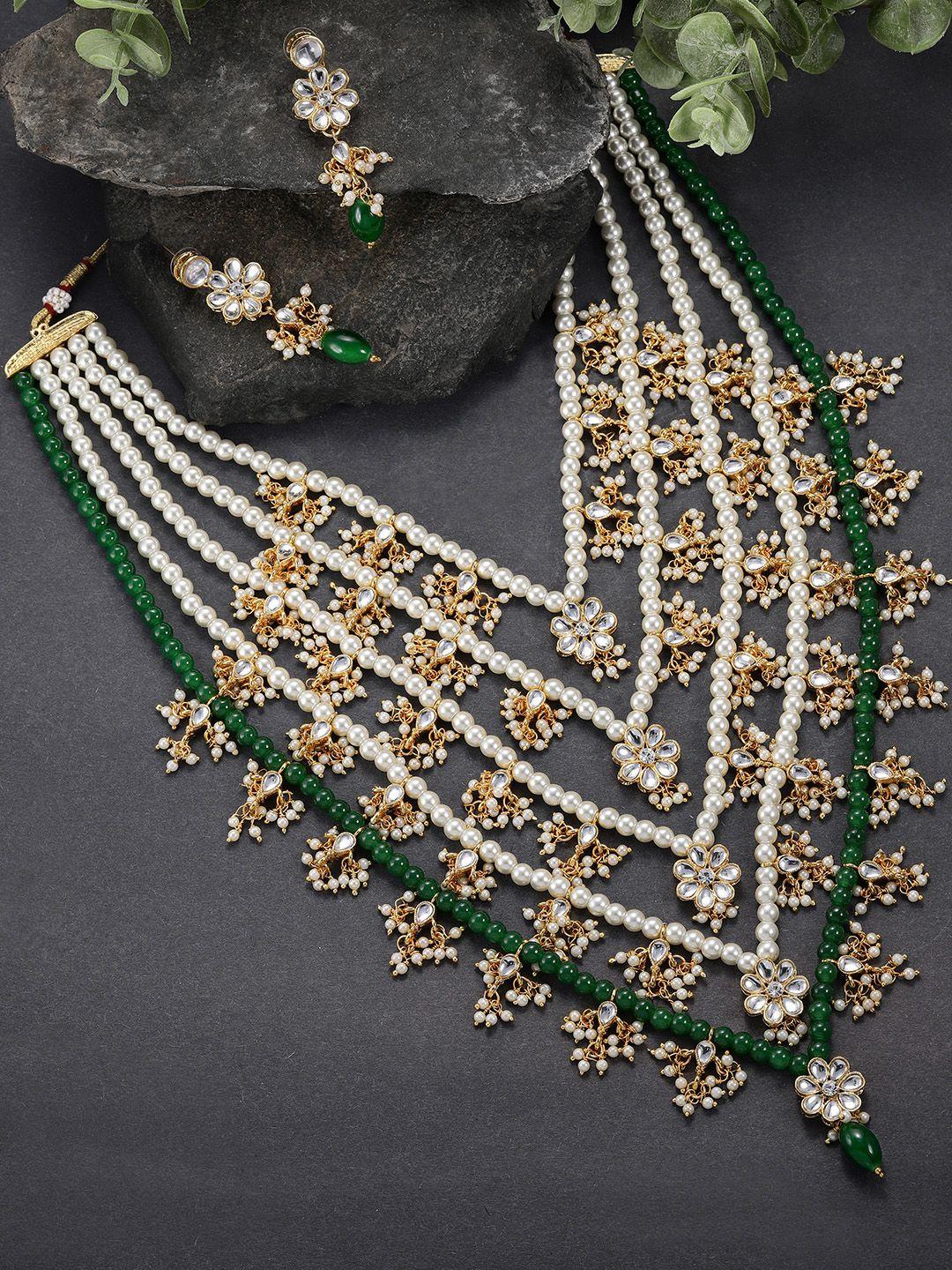 peora green & white gold-plated floral multi layered long necklace earrings jewellery set