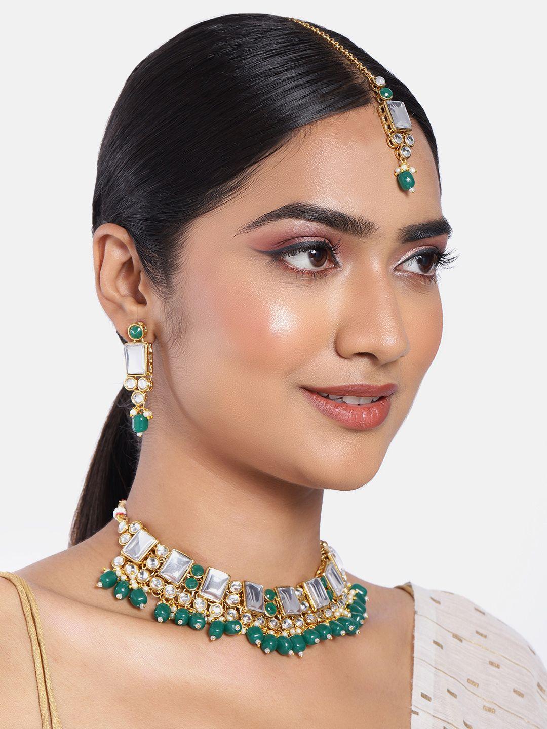 peora green & white gold-plated kundan embellished handcrafted jewellery set