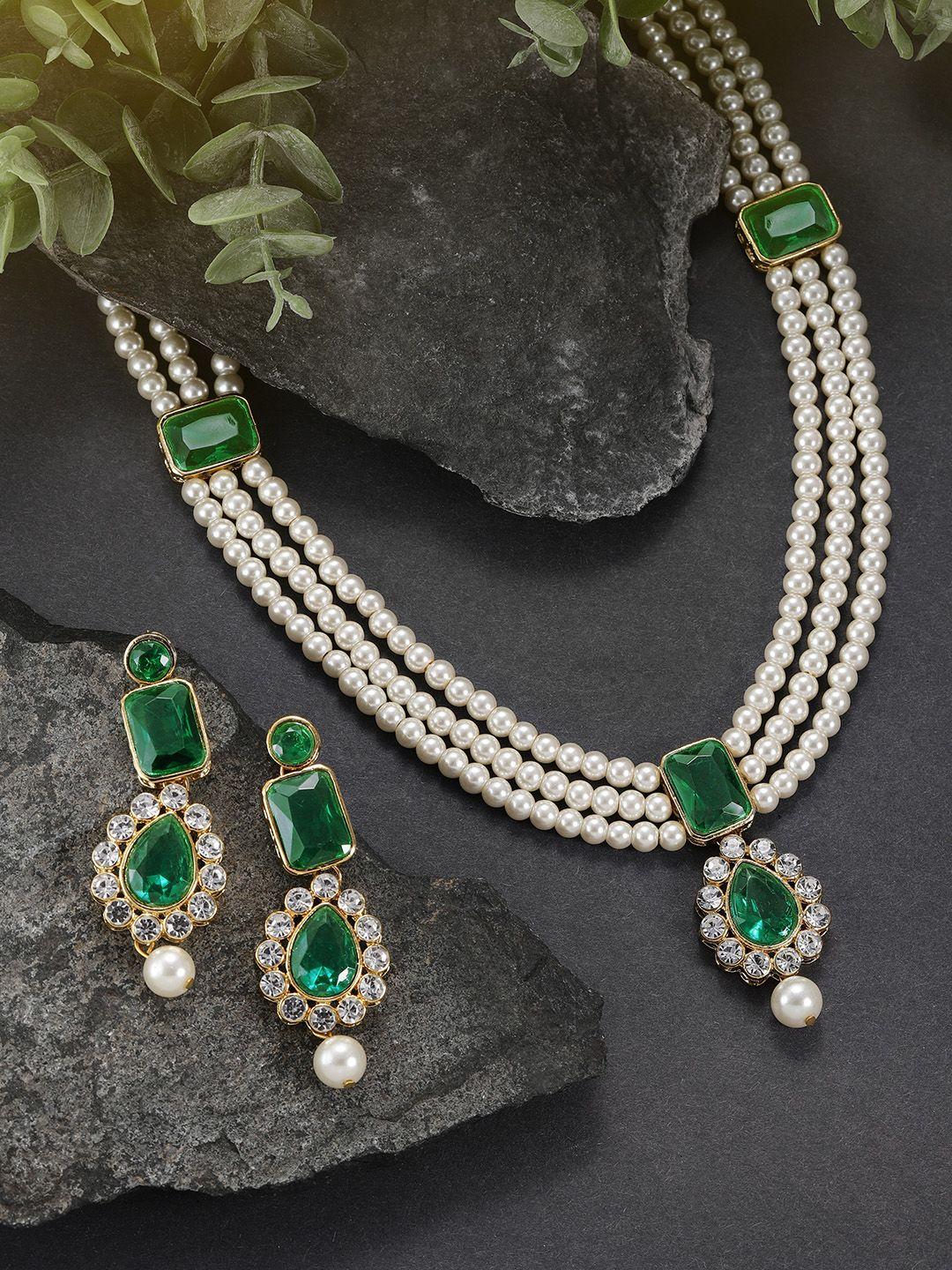 peora green & white gold-plated kundan long necklace earring jewellery set