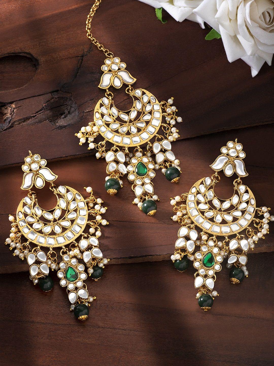 peora green gold-plated kundan studded jewellery set
