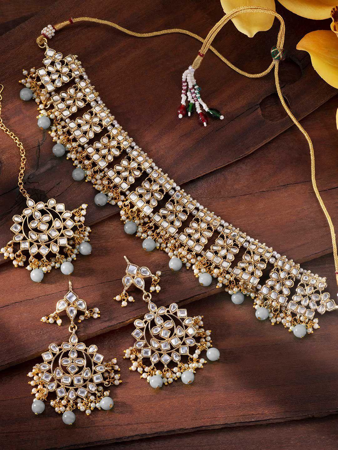 peora grey & white gold-plated kundan embellished handcrafted jewellery set