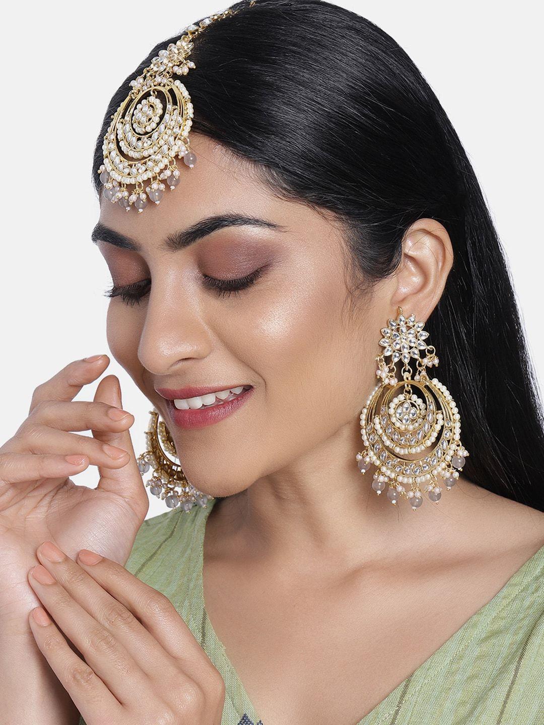 peora grey gold plated kundan & pearl chandbali earrings & maang tika