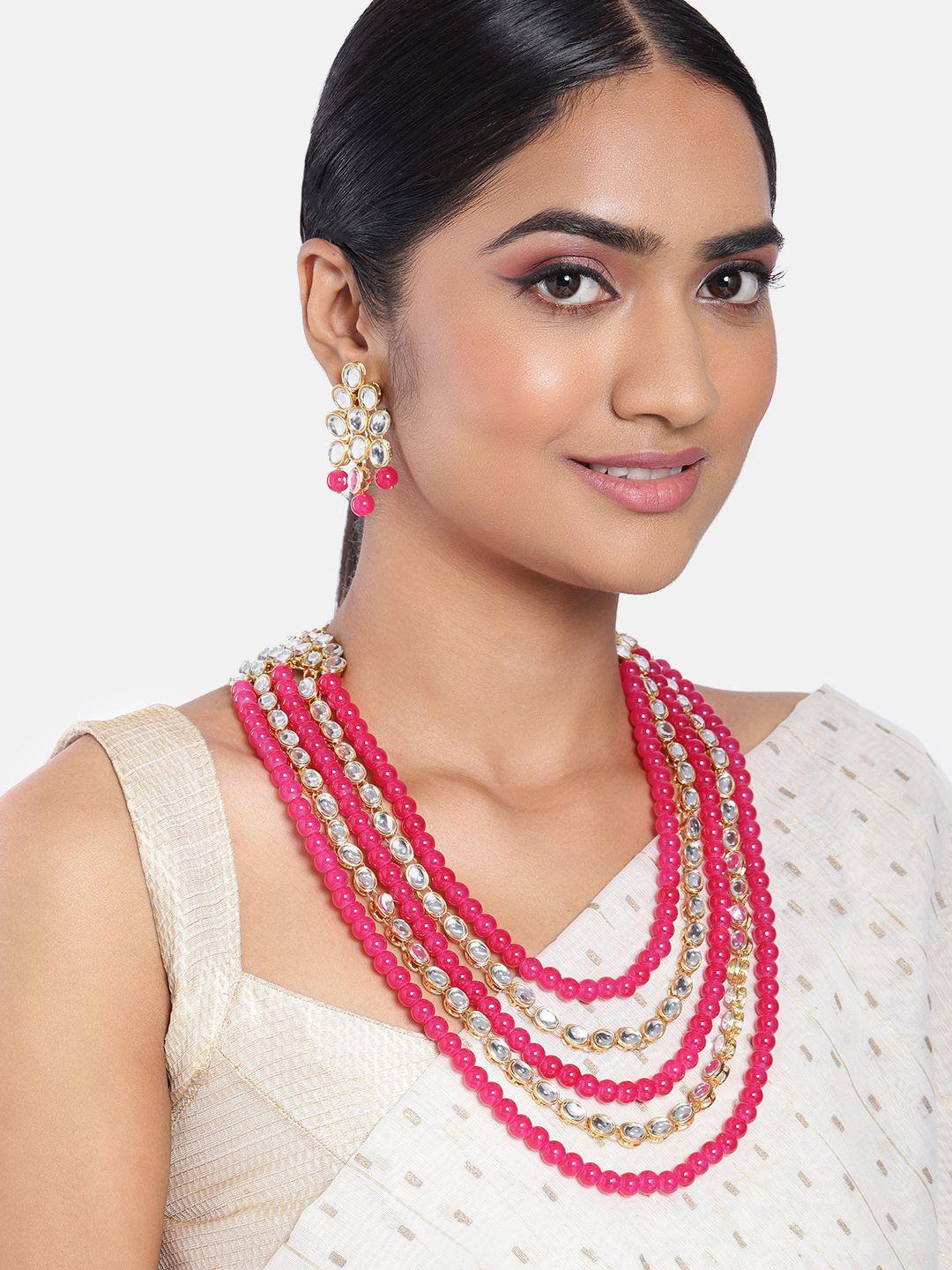 peora magenta & gold-plated beaded multi-strand long traditional jewellery set