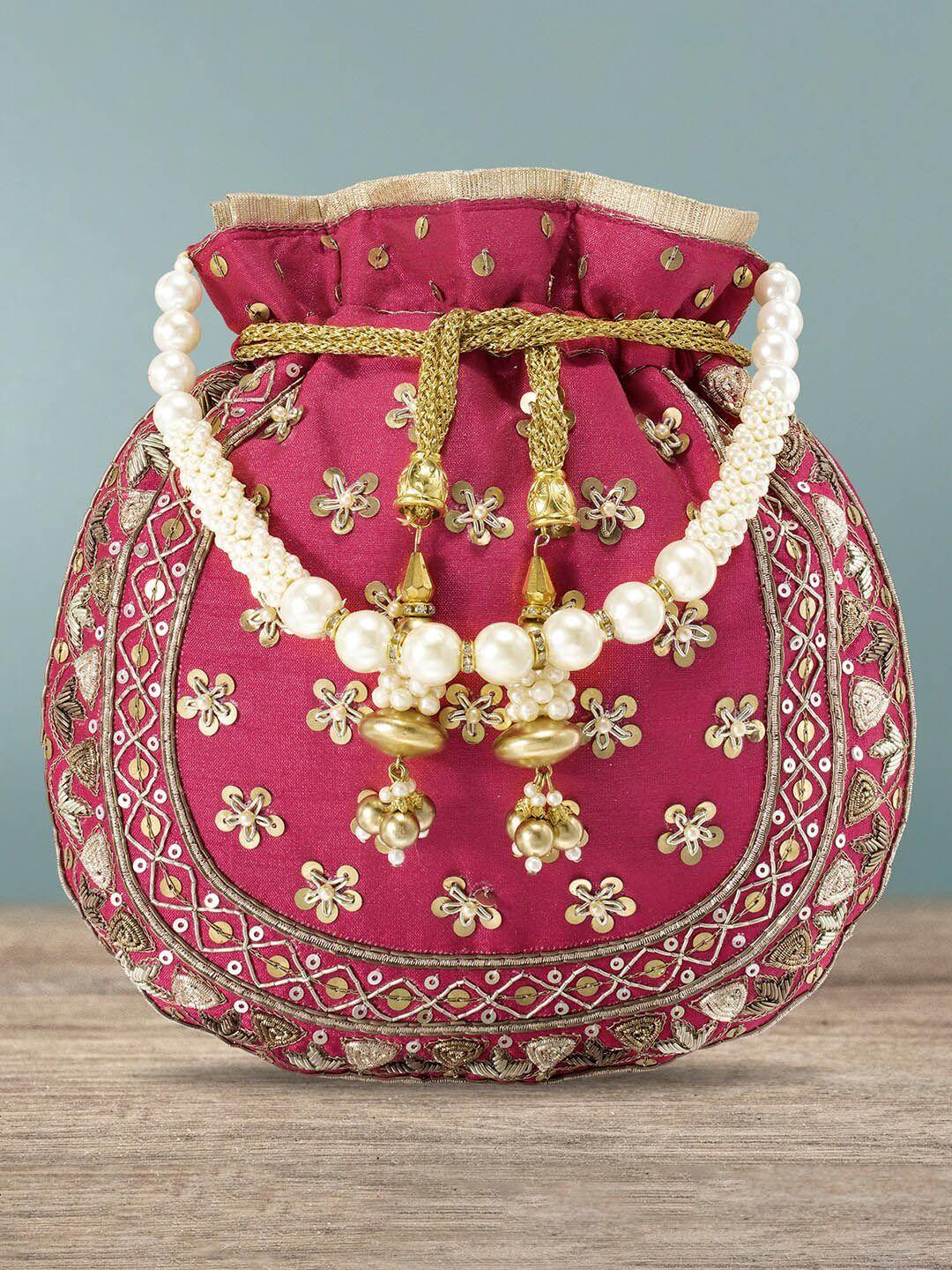 peora magenta & gold-toned embroidered embellished potli purse