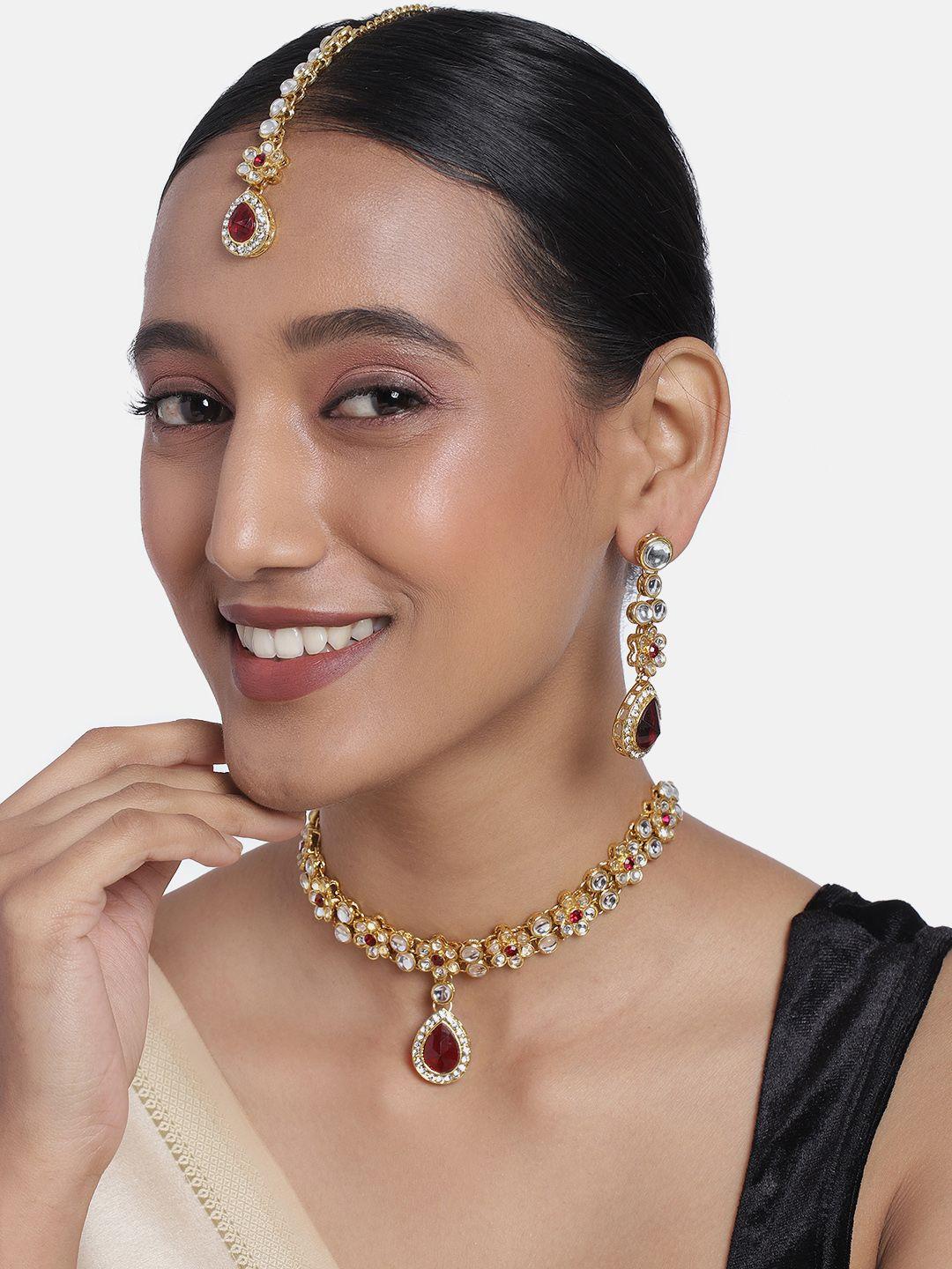 peora magenta & white gold-plated kundan crystal jewellery set