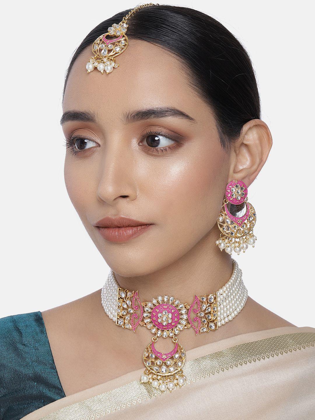 peora magenta & white gold-plated kundan studded enamelled jewellery set