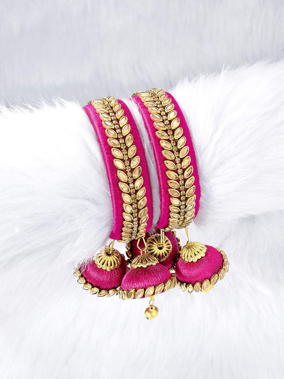 peora magenta gold-plated set of 2 handcrafted silk thread kundan studded bangles